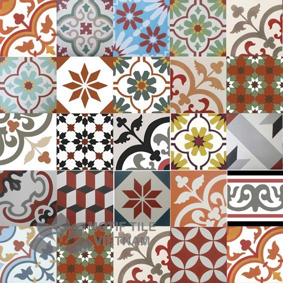 Gạch bông hoa văn tổng hợp màu đỏ vàng nâu 3 Gạch bông cổ điển tổng hợp nhiều hoa văn tông màu đỏ vàng nâu
