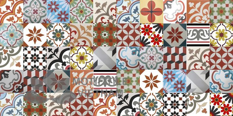 Gạch bông hoa văn tổng hợp màu đỏ vàng nâu 2 Gạch bông cổ điển tổng hợp nhiều hoa văn tông màu đỏ vàng nâu