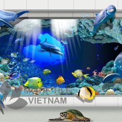 Gạch tranh 3D kính cường lực ốp tường chủ đề đại dương