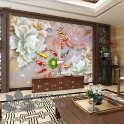 Gạch tranh phủ kính 3D ốp tường đàn cá