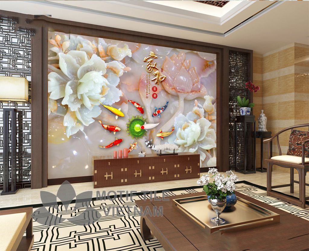 Gạch tranh phủ kính 3D ốp tường đàn cá 3 Gạch tranh phủ kính 3D ốp tường đàn cá
