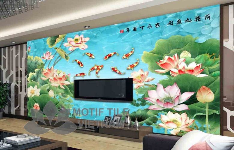 Gạch tranh phủ kính ốp tường hoa sen 1 Gạch tranh phủ kính ốp tường 3d hoa sen