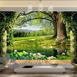 Gạch tranh phủ kính ốp tường chủ để rừng xanh