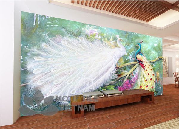 Gạch tranh phủ kính ốp tường chim công 3 Gạch tranh phủ kính ốp tường chim công