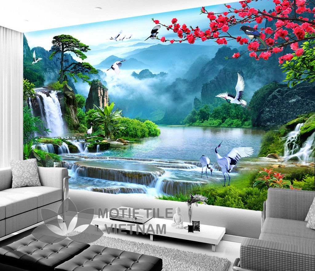 Gạch tranh phủ kính ốp tường thác nước 1 Gạch tranh phủ kính ốp tường thác nước