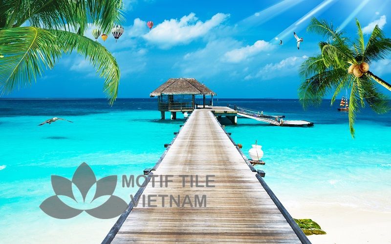 Gạch tranh 3D kính cường lực ốp tường hình ngôi nhà trên biển 1 Gạch tranh kính hình ảnh ngôi nhà ở biển
