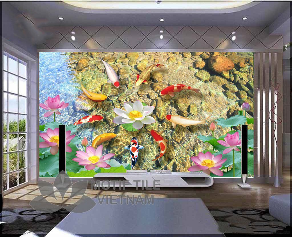 Gạch tranh phủ kính 3D ốp tường đàn cá 2 Gạch tranh phủ kính 3D ốp tường đàn cá