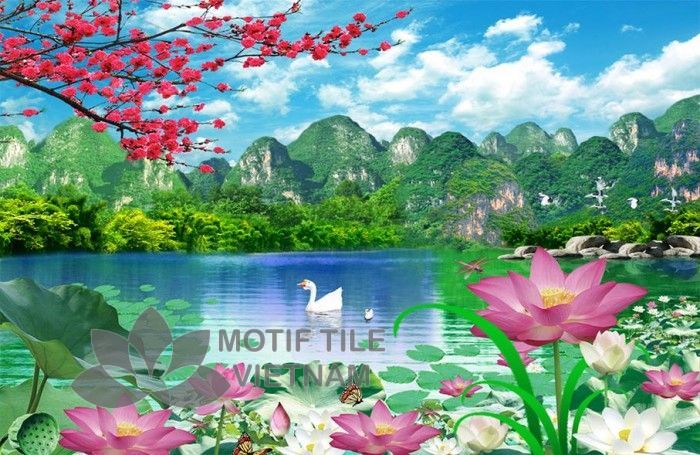 Gạch tranh phủ kính ốp tường hoa sen 3 Gạch tranh phủ kính ốp tường 3d hoa sen