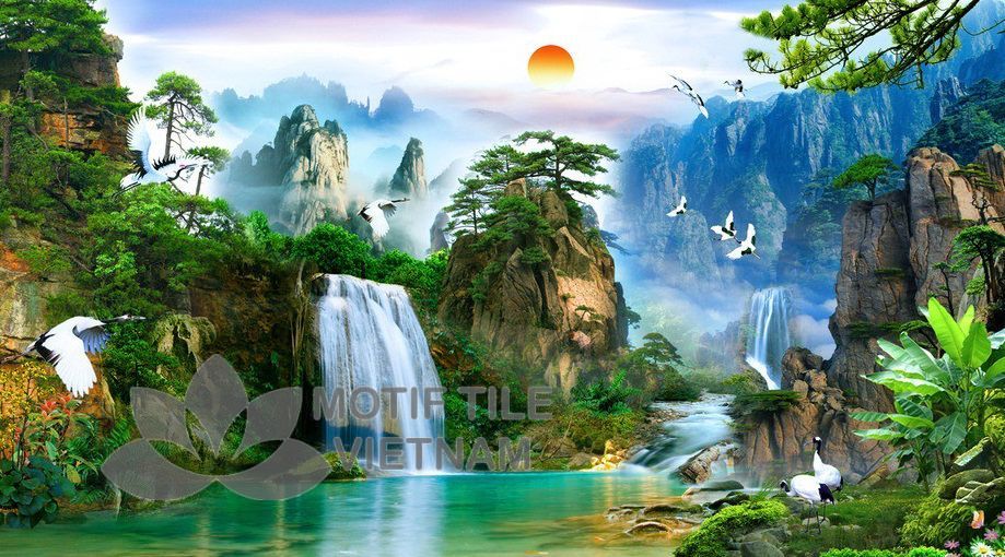 Gạch tranh phủ kính ốp tường thác nước 2 Gạch tranh phủ kính ốp tường thác nước