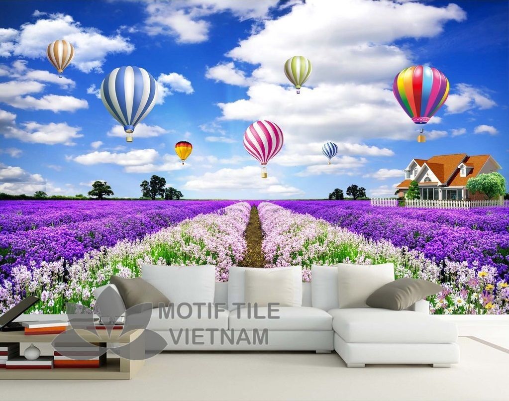 Gạch tranh phủ kính 3d khinh khí cầu và vườn hoa 1 Gạch tranh phủ kính ốp tường kinh khí cầu và vườn hoa