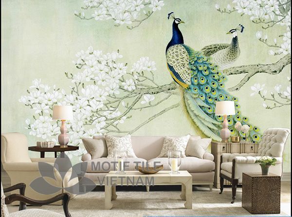 Gạch tranh phủ kính ốp tường chim công 1 Gạch tranh phủ kính ốp tường chim công