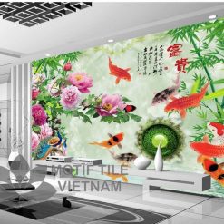 Gạch tranh phủ kính 3D ốp tường đàn cá