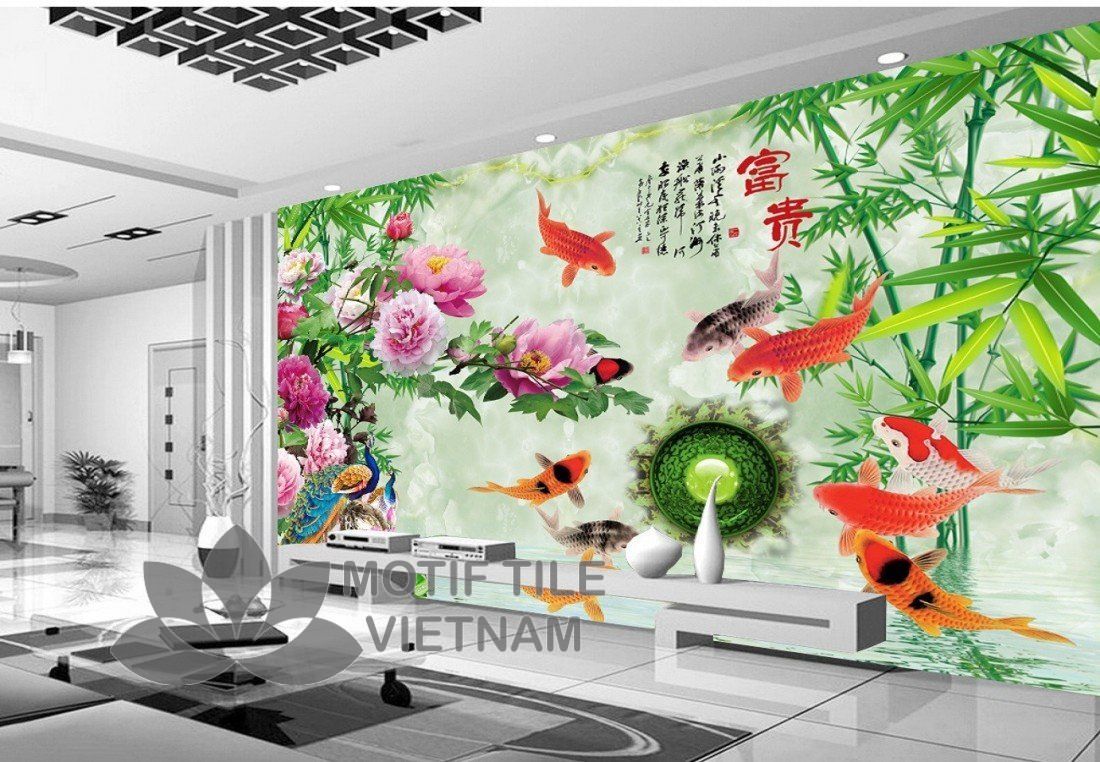 Trang chủ 13 Gạch tranh phủ kính 3D ốp tường đàn cá