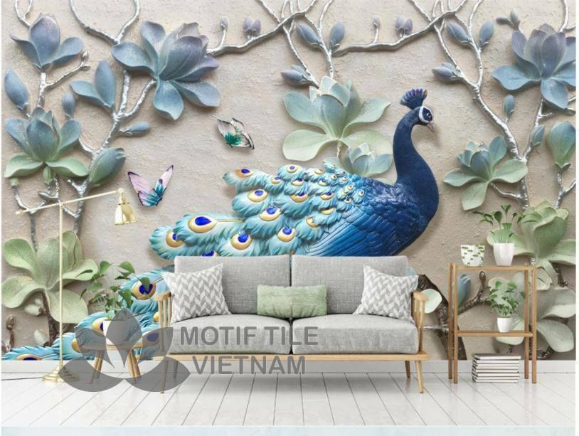Gạch tranh phủ kính ốp tường chim công 2 Gạch tranh phủ kính ốp tường chim công