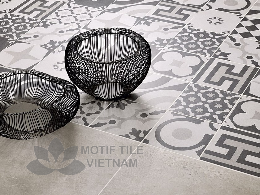 Gạch bông Sqa-PP111 5 Gạch bông porcelain tông trắng xám đen