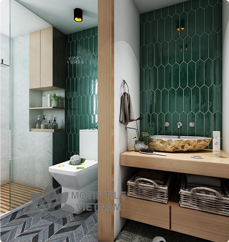 Gạch subway xanh lá đậm bóng xẻ góc 7.5x30cm SW75300X(Dark green) 2 Gạch subway xanh lá đậm bóng xẻ góc 7.5x30cm SW75300X(Dark green)